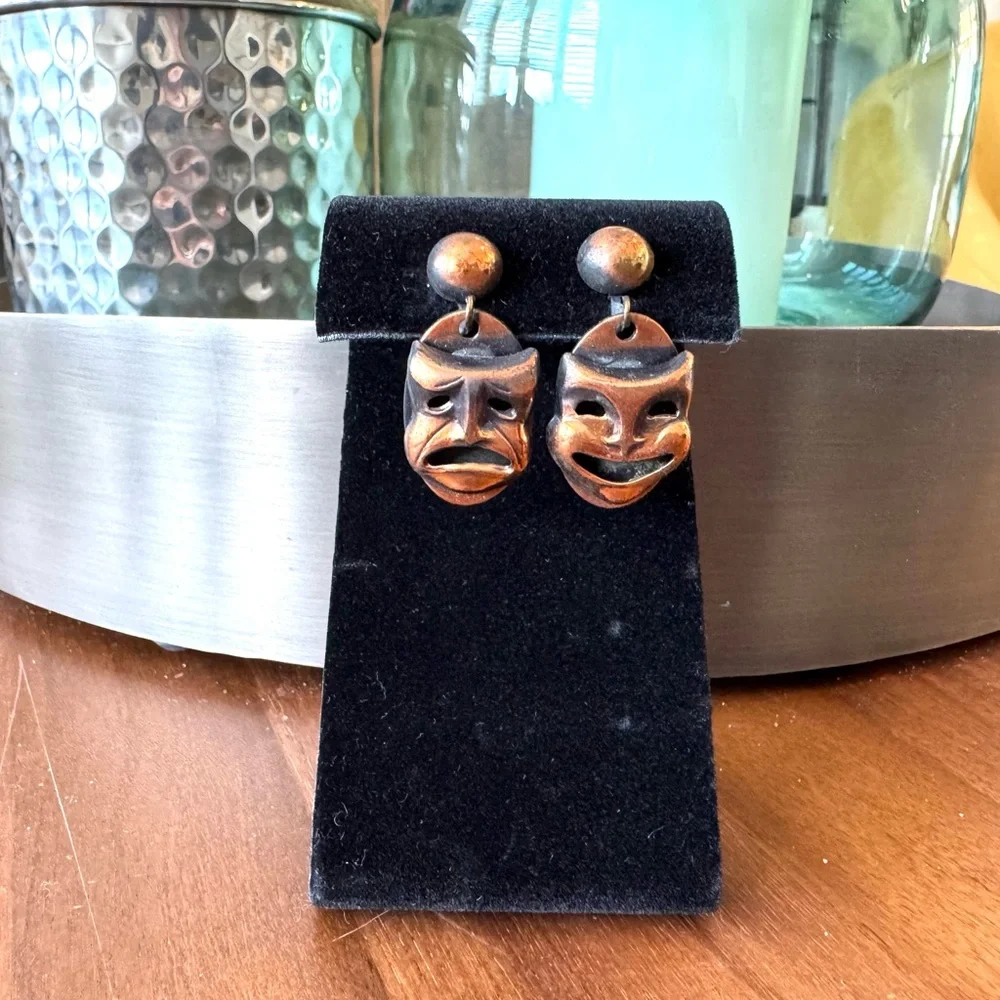 Vintage Copper Comedy and Tragedy Mask Earrings